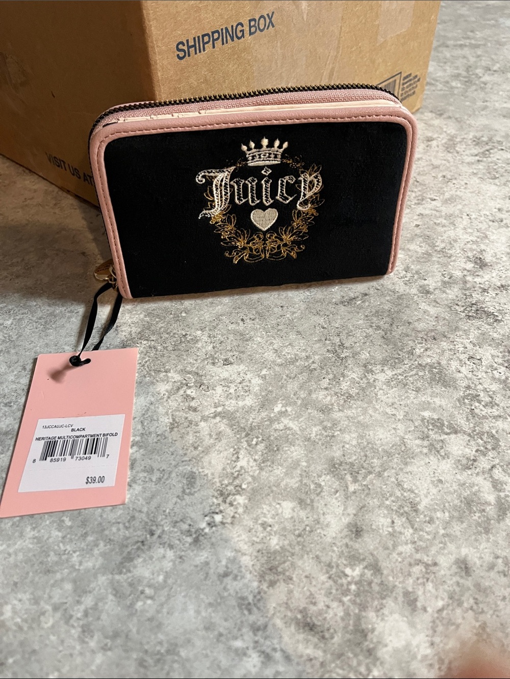 Juicy Couture Black Velvet Wallet with Pink Trim and Gold Logo